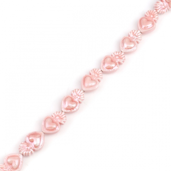 Immagine di Ceramica Diatanziale Perline Cuore Rosa Chiaro Circa 16mm x 10mm, Foro: Circa 0.9mm, lunghezza: 31.5cm 1 Filo （Circa 20 Pezzi/Treccia)
