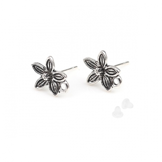 Picture of Zinc Based Alloy Ear Post Stud Earrings Findings Flower Antique Silver Color W/ Loop 12mm x 10mm, Post/ Wire Size: (21 gauge), 2 Pairs