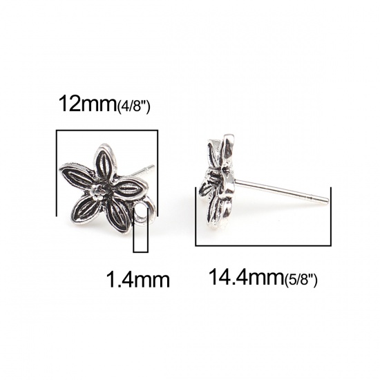 Immagine di Lega di Zinco Orecchini a Perno Tappi di Orecchini Fiore Argento Antico W/ Loop 12mm x 10mm, Diametro Filo: (21 misura), 2 Paia