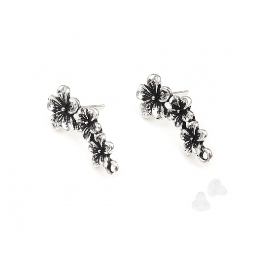 Picture of Zinc Based Alloy Ear Post Stud Earrings Findings Flower Antique Silver Color W/ Loop 31mm x 12mm, Post/ Wire Size: (21 gauge), 2 Pairs