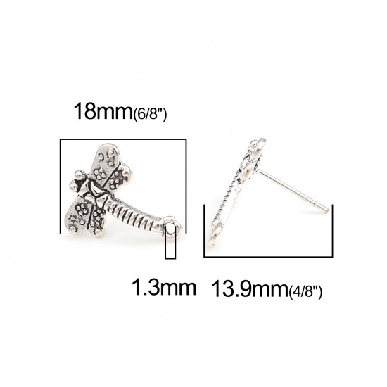 Immagine di Lega di Zinco Insetto Orecchini a Perno Tappi di Orecchini Libellula Argento Antico W/ Loop 18mm x 15mm, Diametro Filo: (21 misura), 2 Paia