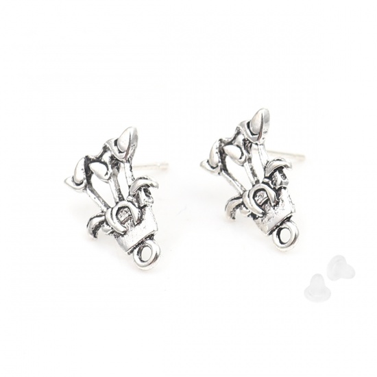 Picture of Zinc Based Alloy Ear Post Stud Earrings Findings Pot Plant Antique Silver Color W/ Loop 16mm x 11mm, Post/ Wire Size: (21 gauge), 2 Pairs