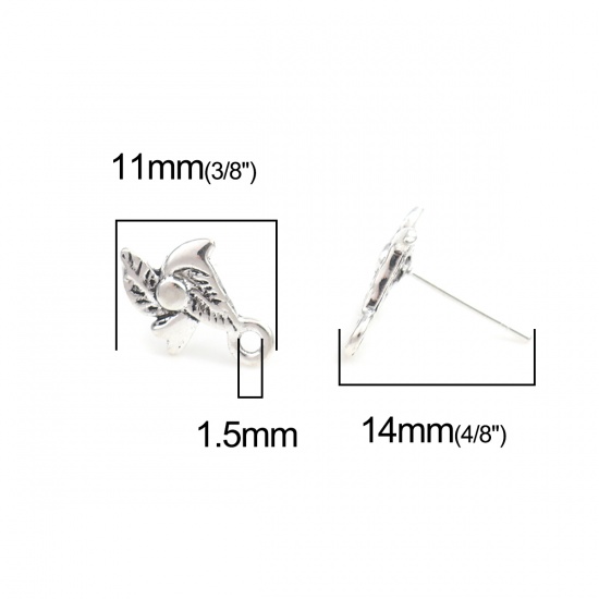 Immagine di Lega di Zinco Orecchini a Perno Tappi di Orecchini Le foglie del Fiore Argento Antico W/ Loop 11mm x 9mm, Diametro Filo: (21 misura), 2 Paia