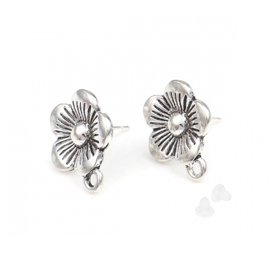 Picture of Zinc Based Alloy Insect Ear Post Stud Earrings Findings Flower Antique Silver Color W/ Loop 18mm x 15mm, Post/ Wire Size: (21 gauge), 2 Pairs