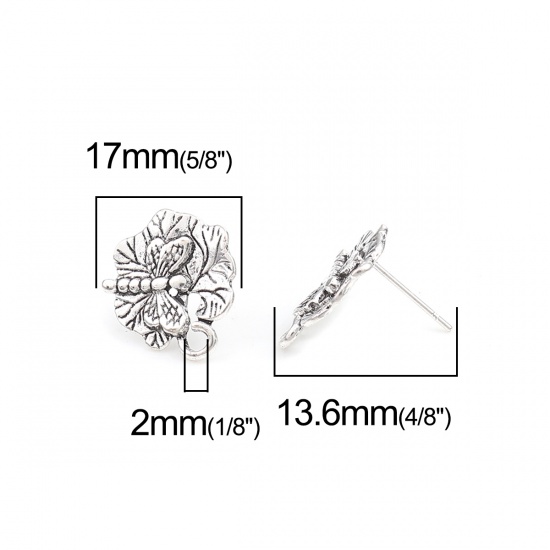 亜鉛合金 昆虫 イヤリング イヤリングパーツ 蓮の葉 銀古美 トンボ柄 ループ付き 17mm x 16mm、 ワイヤーサイズ: （21号）、 2 ペア の画像