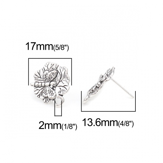 Immagine di Lega di Zinco Insetto Orecchini a Perno Tappi di Orecchini Foglia di Loto Argento Antico Libellula Disegno W/ Loop 17mm x 16mm, Diametro Filo: (21 misura), 2 Paia