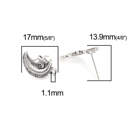 Immagine di Lega di Zinco Galassia Orecchini a Perno Tappi di Orecchini Luna Argento Antico Stella Disegno W/ Loop 17mm x 11mm, Diametro Filo: (21 misura), 2 Paia