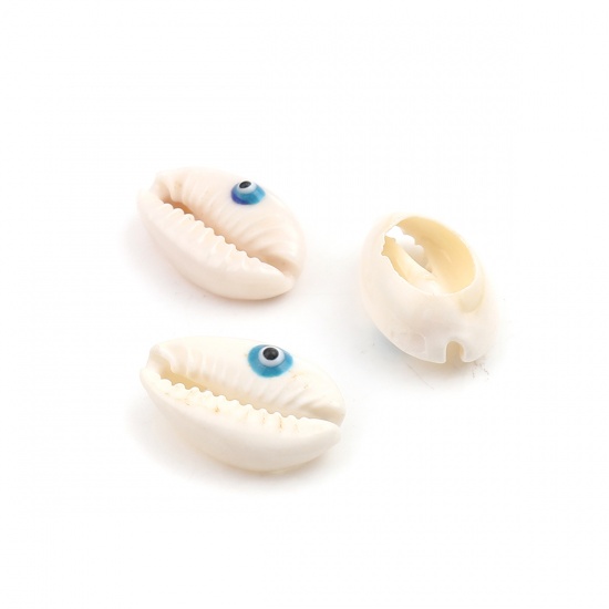 Picture of Natural Shell Loose Beads Conch/ Sea Snail Creamy-White Evil Eye Pattern About 25mm x 17mm - 18mm x 13mm, 10 PCs