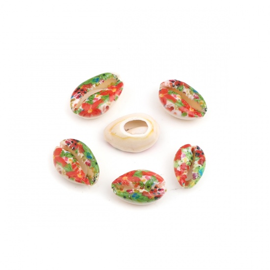 Picture of Natural Shell Loose Beads Conch/ Sea Snail Multicolor Flower Leaves Pattern About 25mm x 17mm - 18mm x 13mm, 10 PCs