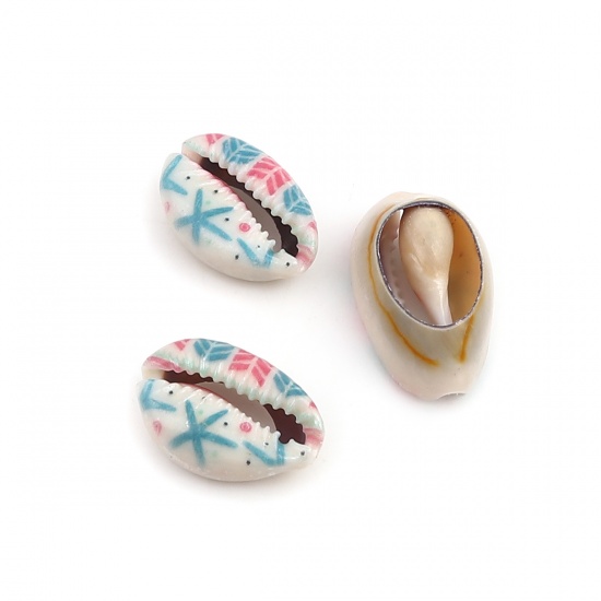 Picture of Natural Shell Loose Beads Conch/ Sea Snail Blue & Pink Star Fish Pattern About 25mm x 17mm - 18mm x 13mm, 10 PCs