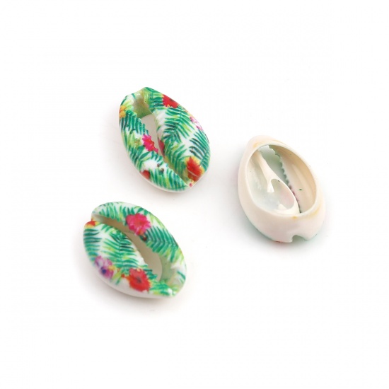 Picture of Natural Shell Loose Beads Conch/ Sea Snail Green Flower Pattern About 25mm x 17mm - 18mm x 13mm, 10 PCs