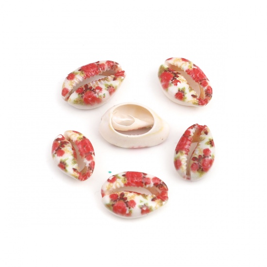Picture of Natural Shell Loose Beads Conch/ Sea Snail Red Flower Pattern About 25mm x 17mm - 18mm x 13mm, 10 PCs