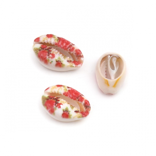 天然貝殻ビーズ 巻き貝 赤 花柄 約 25mm x 17mm - 18mm x 13mm、 10 個 の画像