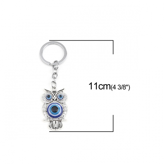 Picture of Religious Keychain & Keyring Silver Tone Deep Blue Owl Animal Evil Eye 11cm x 3.3cm, 1 Piece