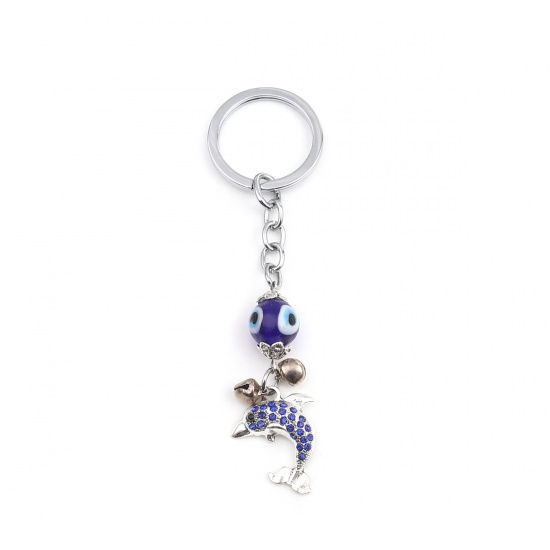 Picture of Religious Keychain & Keyring Silver Tone Dolphin Animal Evil Eye Blue Rhinestone 12cm x 3.3cm, 1 Piece