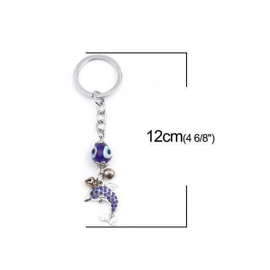 Picture of Religious Keychain & Keyring Silver Tone Dolphin Animal Evil Eye Blue Rhinestone 12cm x 3.3cm, 1 Piece