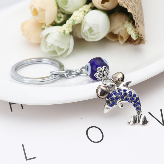 Picture of Religious Keychain & Keyring Silver Tone Dolphin Animal Evil Eye Blue Rhinestone 12cm x 3.3cm, 1 Piece