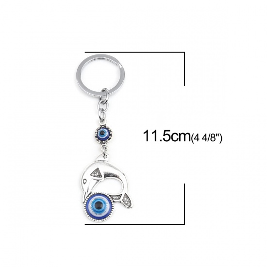 Picture of Religious Keychain & Keyring Silver Tone Deep Blue Dolphin Animal Evil Eye 11.5cm x 3.4cm, 1 Piece