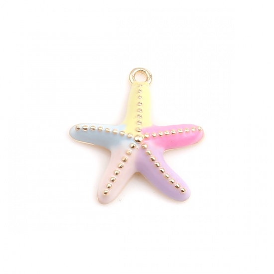 Picture of Brass Ocean Jewelry Charms 18K Real Gold Plated Multicolor Star Fish Enamel 14mm x 13mm, 50 PCs                                                                                                                                                               