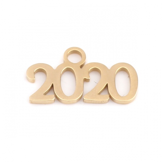 Immagine di 304 Stainless Steel Year Charms Number Gold Plated Message " 2020 " 20mm x 11mm, 10 PCs