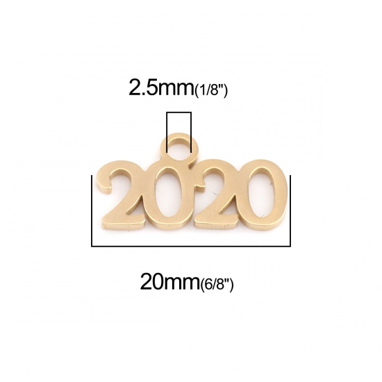 Picture of 304 Stainless Steel Year Charms Number Gold Plated Message " 2020 " 20mm x 11mm, 10 PCs