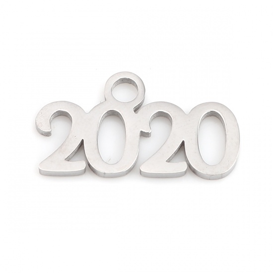 304ステンレス鋼 年 チャーム 数 シルバートーン 文字" 2020 " 20mm x 11mm、 1 個 の画像