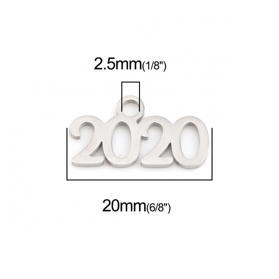Image de Breloques en 304 Acier Inoxydable Année Chiffre Argent Mat Gravé Mots" 2020 " 20mm x 11mm , 1 Pièce