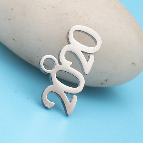 Image de Breloques en 304 Acier Inoxydable Année Chiffre Argent Mat Gravé Mots" 2020 " 20mm x 11mm , 1 Pièce