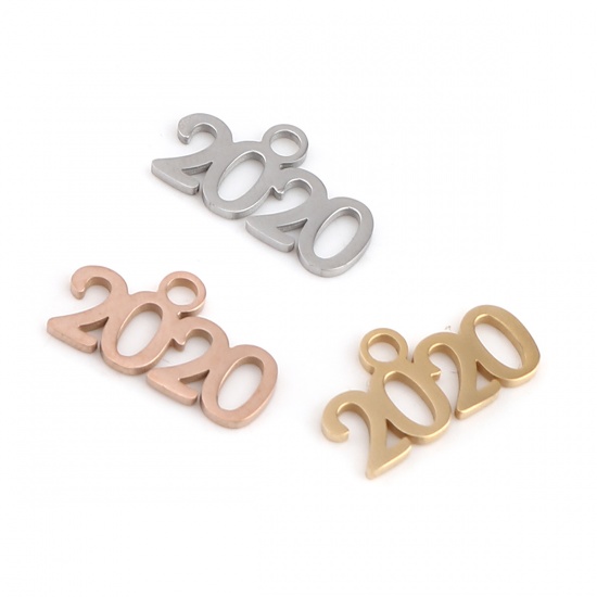 Image de Breloques en 304 Acier Inoxydable Année Chiffre Argent Mat Gravé Mots" 2020 " 20mm x 11mm , 1 Pièce