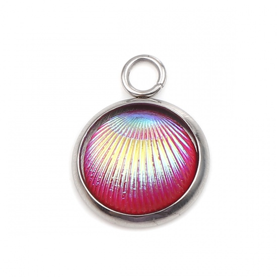 Picture of 304 Stainless Steel Charms Round Fuchsia Shell AB Color 16mm x 12mm, 10 PCs