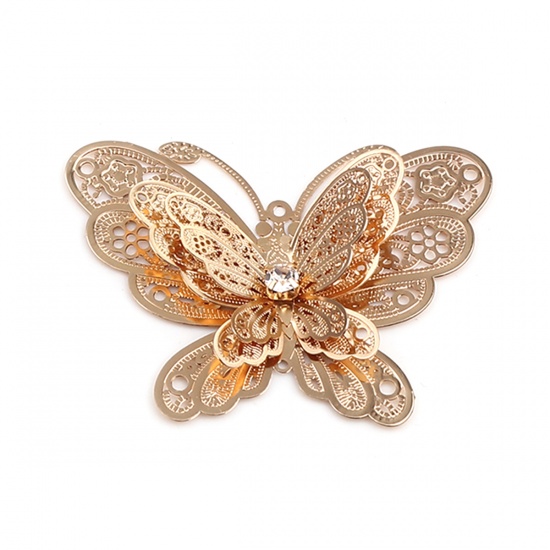 Picture of Brass Filigree Stamping Pendants Gold Plated Butterfly Animal Clear Rhinestone 51mm x 37mm, 2 PCs                                                                                                                                                             