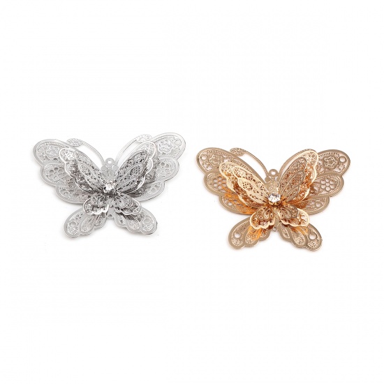 Picture of Brass Filigree Stamping Pendants Gold Plated Butterfly Animal Clear Rhinestone 51mm x 37mm, 2 PCs                                                                                                                                                             