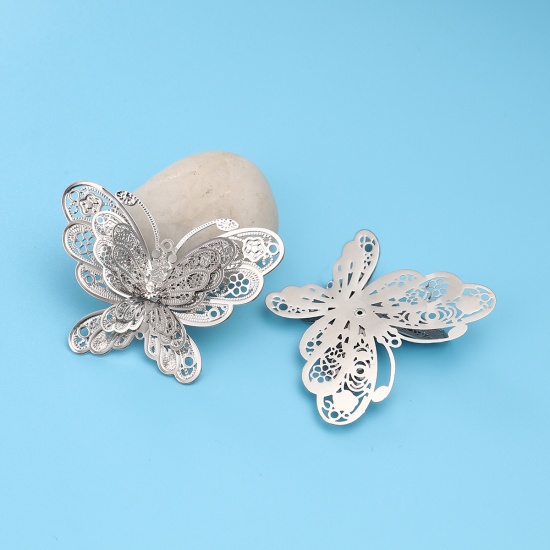Picture of Brass Filigree Stamping Pendants Silver Tone Butterfly Animal Clear Rhinestone 51mm x 37mm, 2 PCs                                                                                                                                                             
