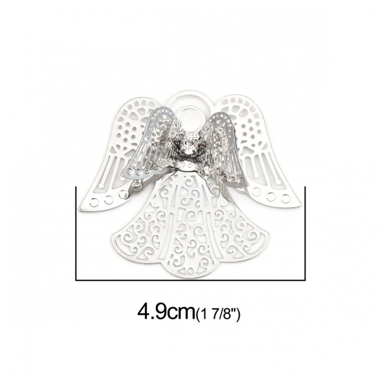 Picture of Brass Filigree Stamping Pendants Silver Tone Angel Clear Rhinestone 49mm x 43mm, 2 PCs                                                                                                                                                                        