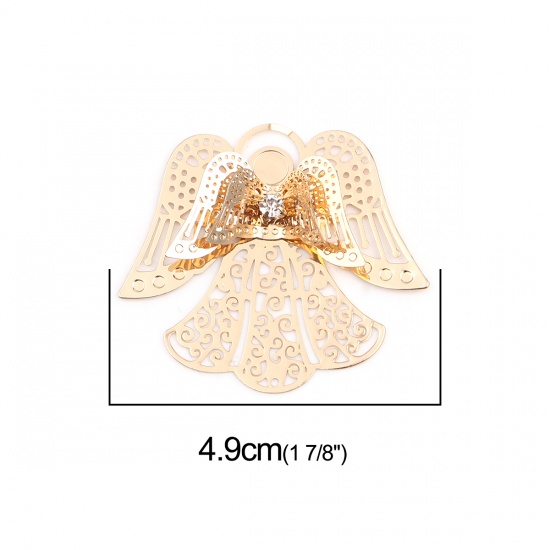 Picture of Brass Filigree Stamping Pendants Gold Plated Angel Clear Rhinestone 49mm x 43mm, 2 PCs                                                                                                                                                                        
