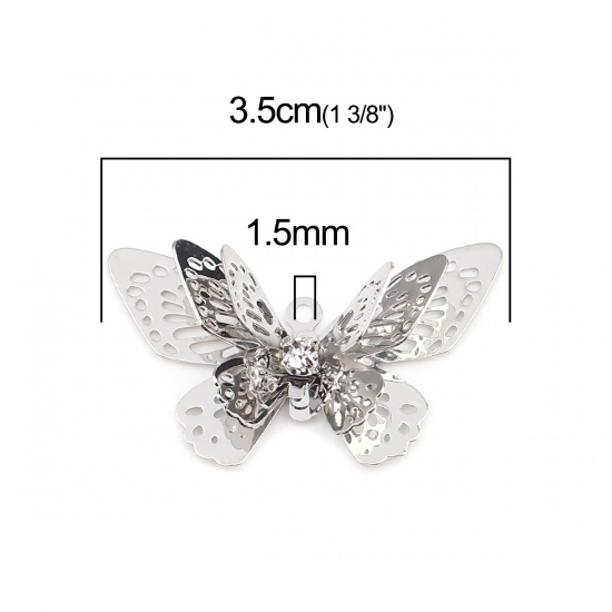 Image de Pendentifs Estampe en Filigrane en Laiton Papillon Argent Mat à Strass Transparent 35mm x 21mm, 5 Pcs