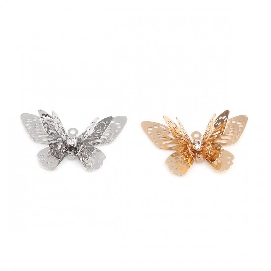 Image de Pendentifs Estampe en Filigrane en Laiton Papillon Argent Mat à Strass Transparent 35mm x 21mm, 5 Pcs