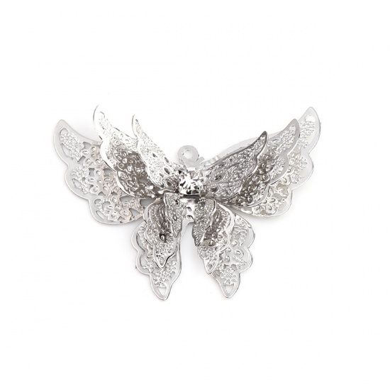 Imagen de Latón Filigrana Estampación Colgantes Tono de Plata Mariposa Transparente Rhinestone 35mm x 26mm, 5 Unidades