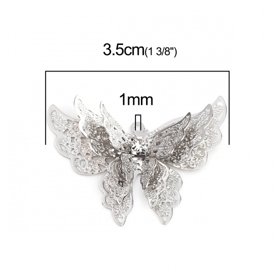 Imagen de Latón Filigrana Estampación Colgantes Tono de Plata Mariposa Transparente Rhinestone 35mm x 26mm, 5 Unidades