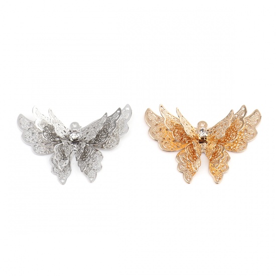 Imagen de Latón Filigrana Estampación Colgantes Tono de Plata Mariposa Transparente Rhinestone 35mm x 26mm, 5 Unidades