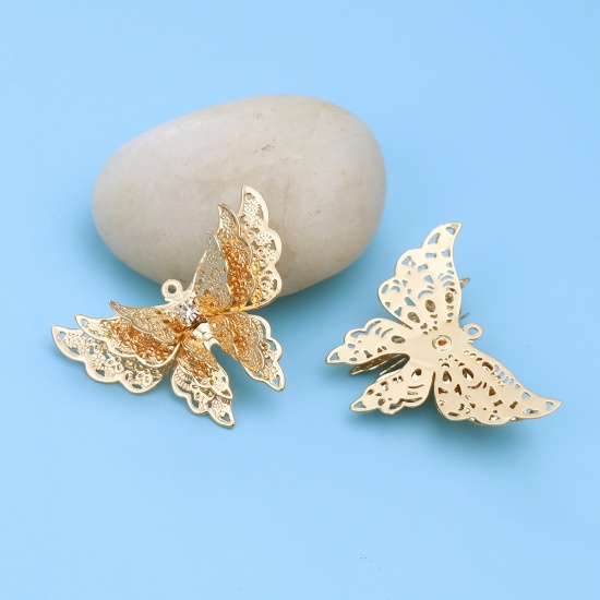 Imagen de Latón Filigrana Estampación Colgantes Chapado en Oro Mariposa Transparente Rhinestone 35mm x 26mm, 5 Unidades