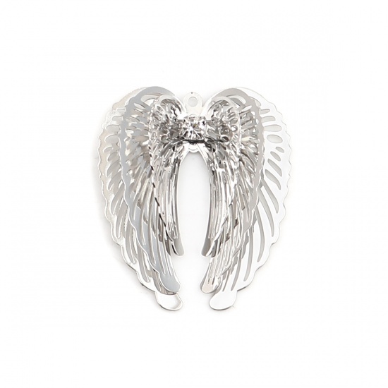 Bild von Messing Filigran Stempel Verzierung Anhänger Flügel Silberfarbe Transparent Strass 32mm x 28mm, 5 Stück
