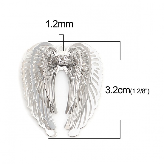 Bild von Messing Filigran Stempel Verzierung Anhänger Flügel Silberfarbe Transparent Strass 32mm x 28mm, 5 Stück
