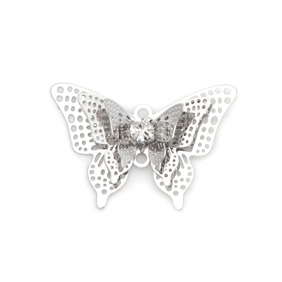 Image de Breloques Estampe en Filigrane en Laiton Papillon Argent Mat à Strass Transparent 25mm x 17mm, 5 Pcs