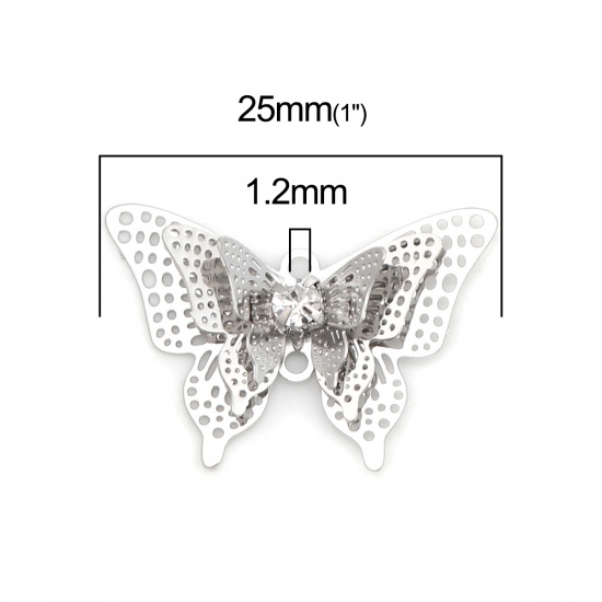 Image de Breloques Estampe en Filigrane en Laiton Papillon Argent Mat à Strass Transparent 25mm x 17mm, 5 Pcs