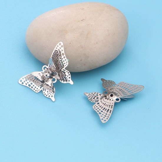 Image de Breloques Estampe en Filigrane en Laiton Papillon Argent Mat à Strass Transparent 25mm x 17mm, 5 Pcs
