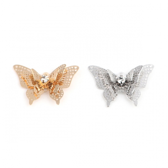 Image de Breloques Estampe en Filigrane en Laiton Papillon Argent Mat à Strass Transparent 25mm x 17mm, 5 Pcs
