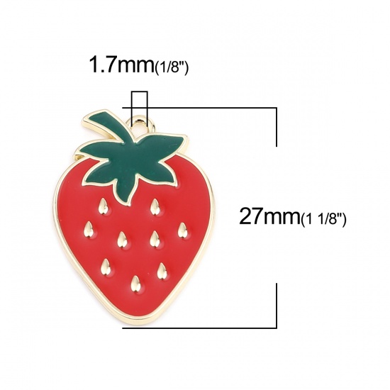 Picture of Zinc Based Alloy Charms Strawberry Fruit Gold Plated Red & Green Enamel 27mm x 20mm, 5 PCs