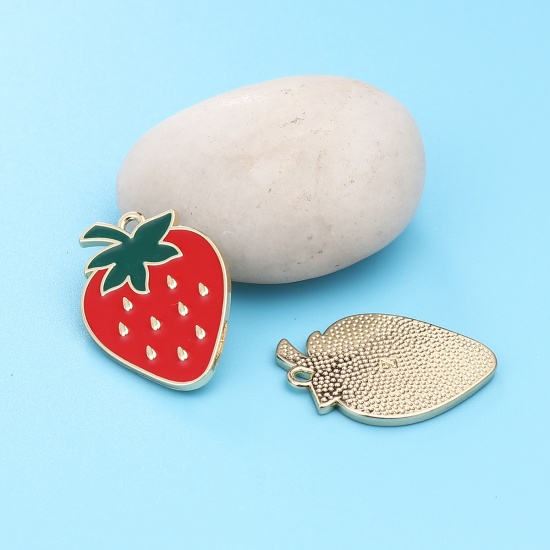 Picture of Zinc Based Alloy Charms Strawberry Fruit Gold Plated Red & Green Enamel 27mm x 20mm, 5 PCs