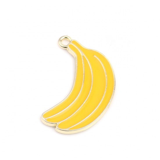 Picture of Zinc Based Alloy Charms Banana Fruit Gold Plated Yellow Enamel 28mm x 17mm, 5 PCs
